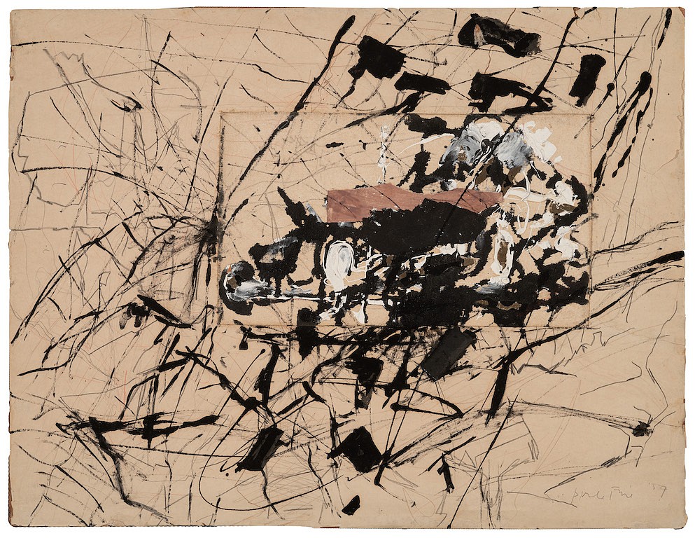 Perle Fine, Perle Fine, 1959
Oil with collage on paper, 20 x 26 in.
Oil, ink, and collage on paper
FIN002
&bull;